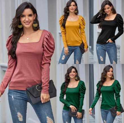 U-neck puff sleeve T-shirt