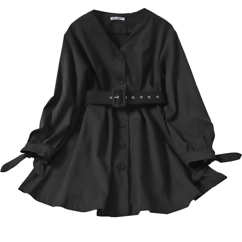 All-Match Temperament Age-Reducing Bag Hip A-Line Puffy Skirt Korean Style Buttoned V-Neck Solid Color Waist Fashion Dress