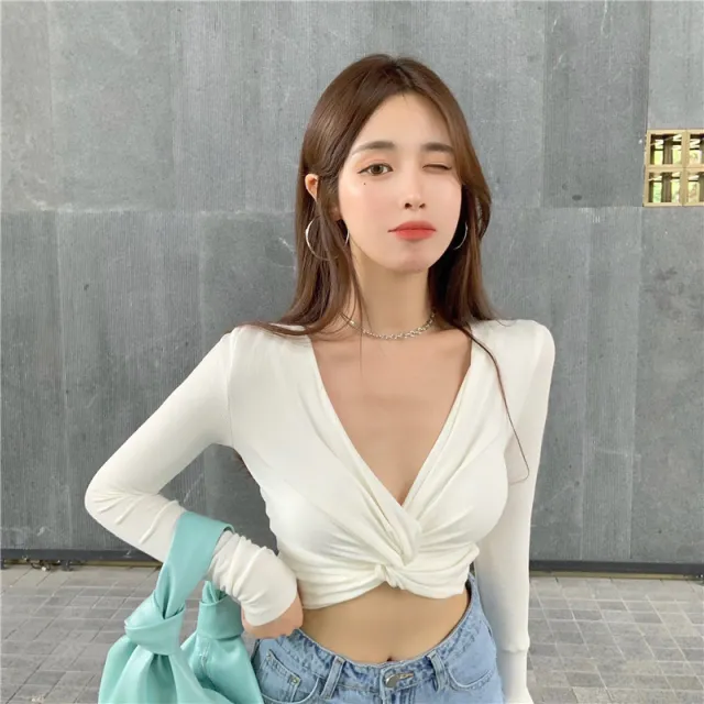 V neck long sleeved twisted slim sexy crop top White - Shop at LoveMi