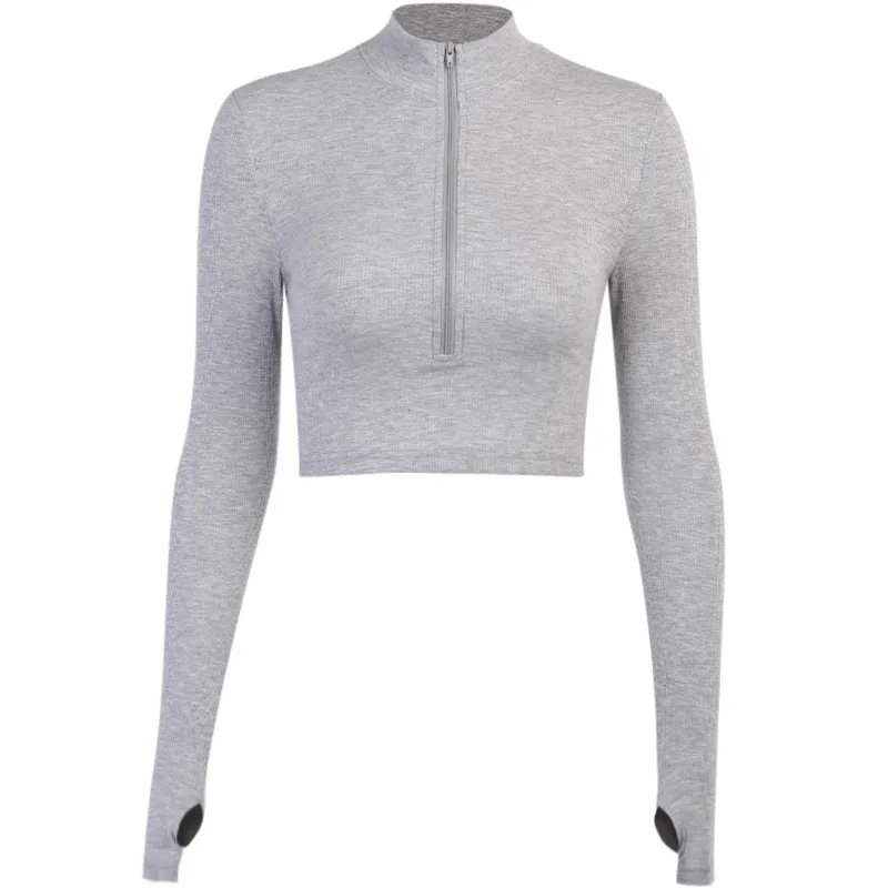 New solid color slim zipper long sleeve top - Grey