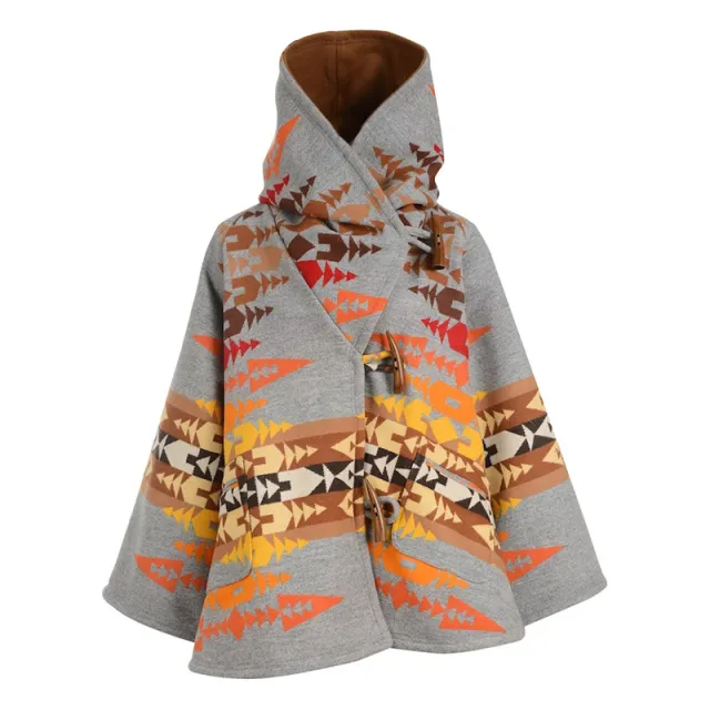 Long sleeve hooded printed woolen overcoat Grey - Shop at LoveMi