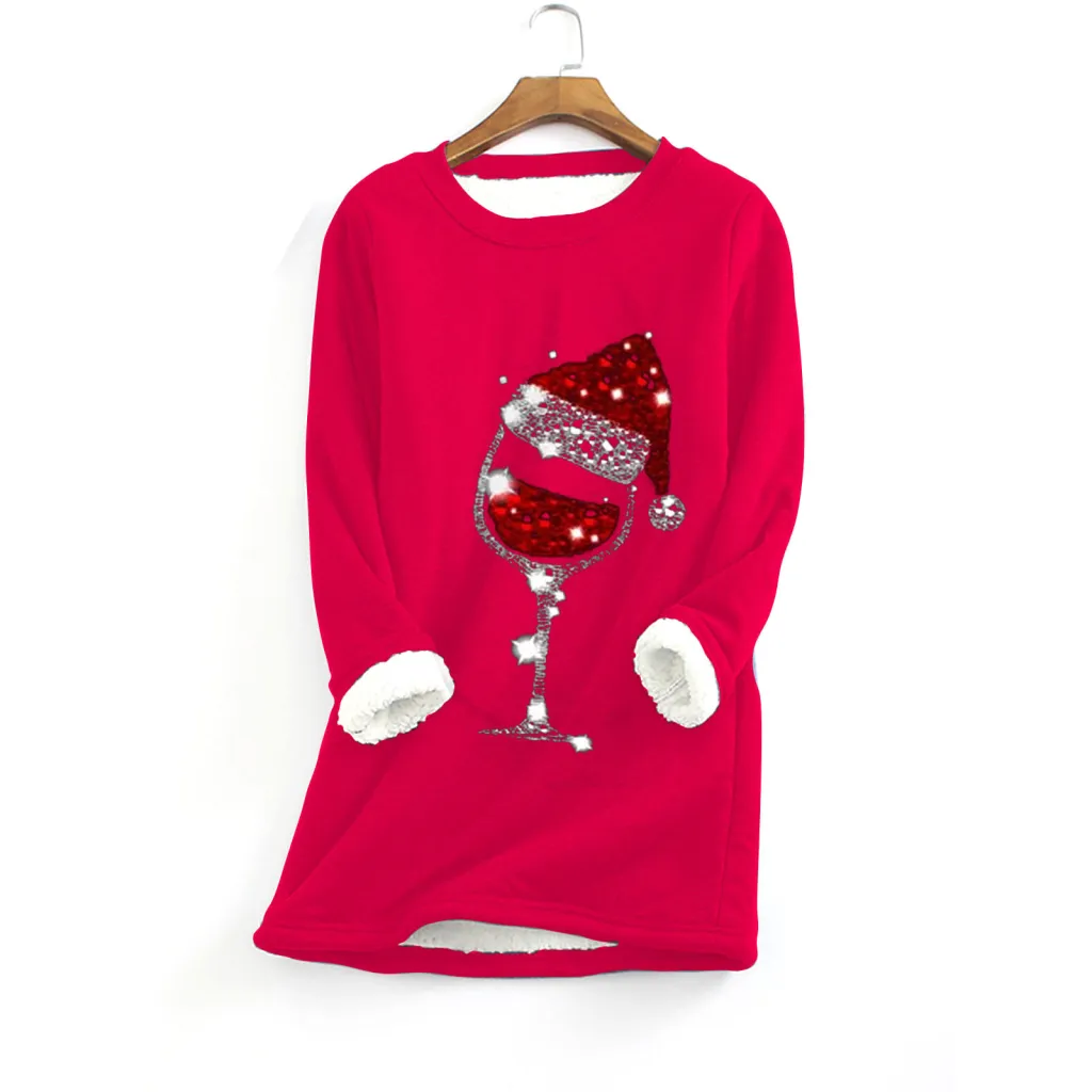 Christmas red wine glass print plus velvet bottoming shirt - Red