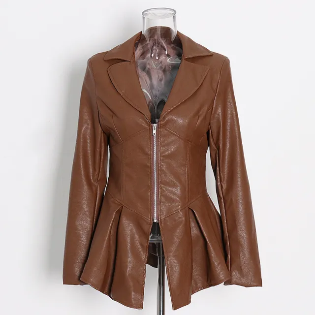 Suit Collar Hem Ruffled Slim Fit Motorcycle PU Leather Jacket Coffee - Shop at LoveMi