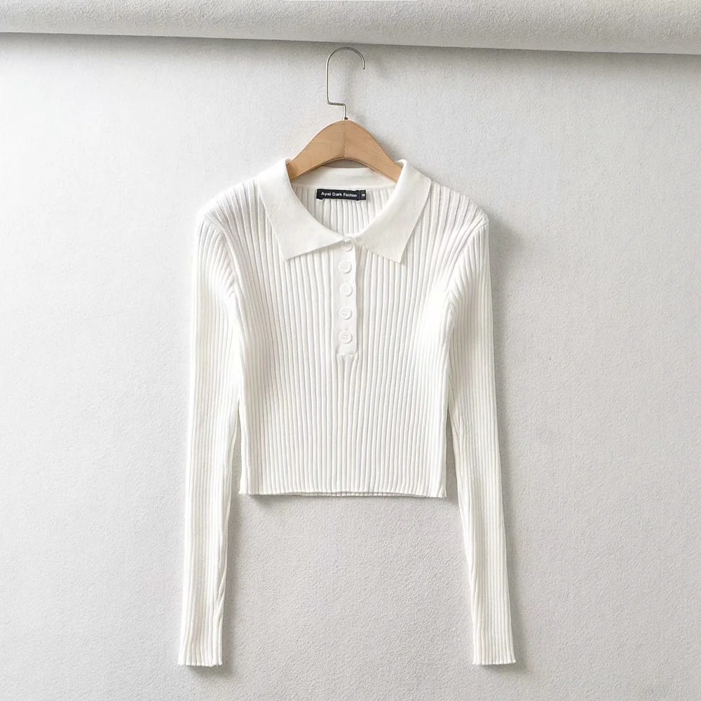Lapel single-breasted slim-fit cropped pullover short long-sleeved sweater