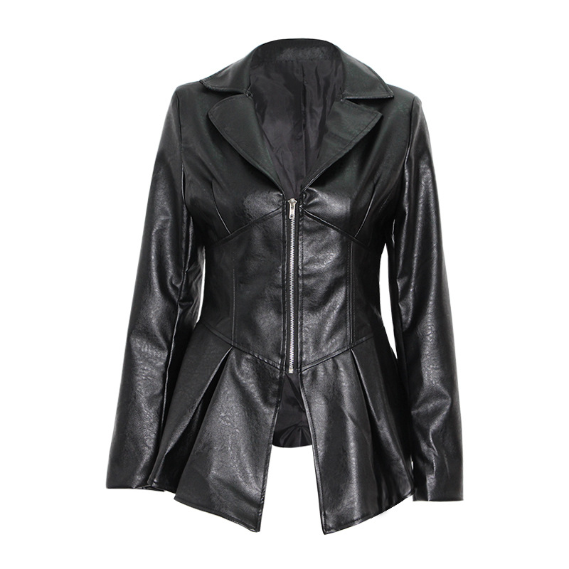 Suit Collar Hem Ruffled Slim Fit Motorcycle PU Leather Jacket Black - Shop at LoveMi