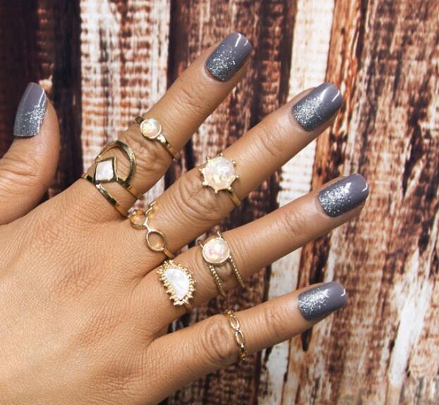 European and American punk gemstone 7-piece ring set