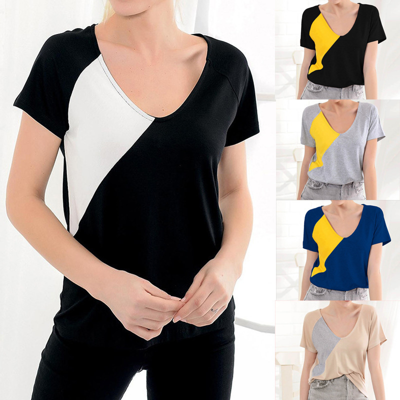 Contrasting round neck short sleeve ladies T-shirt