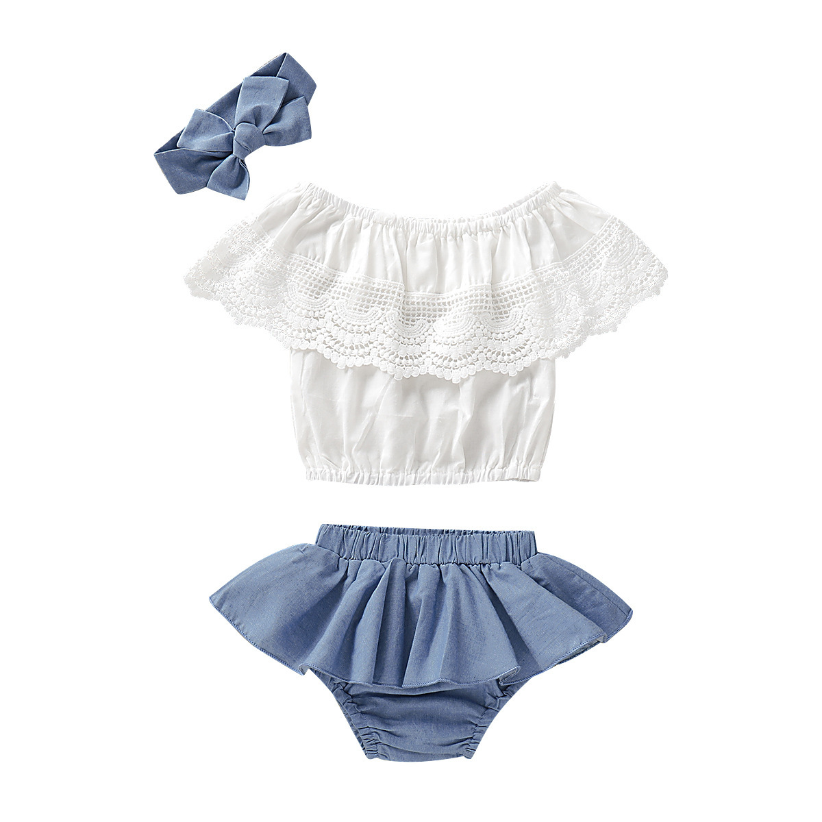 Pure color lace one-shoulder top + cute lace denim skirt pants