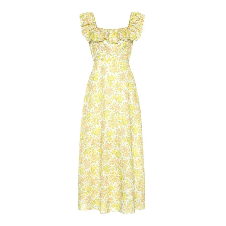 Square collar retro floral long dress