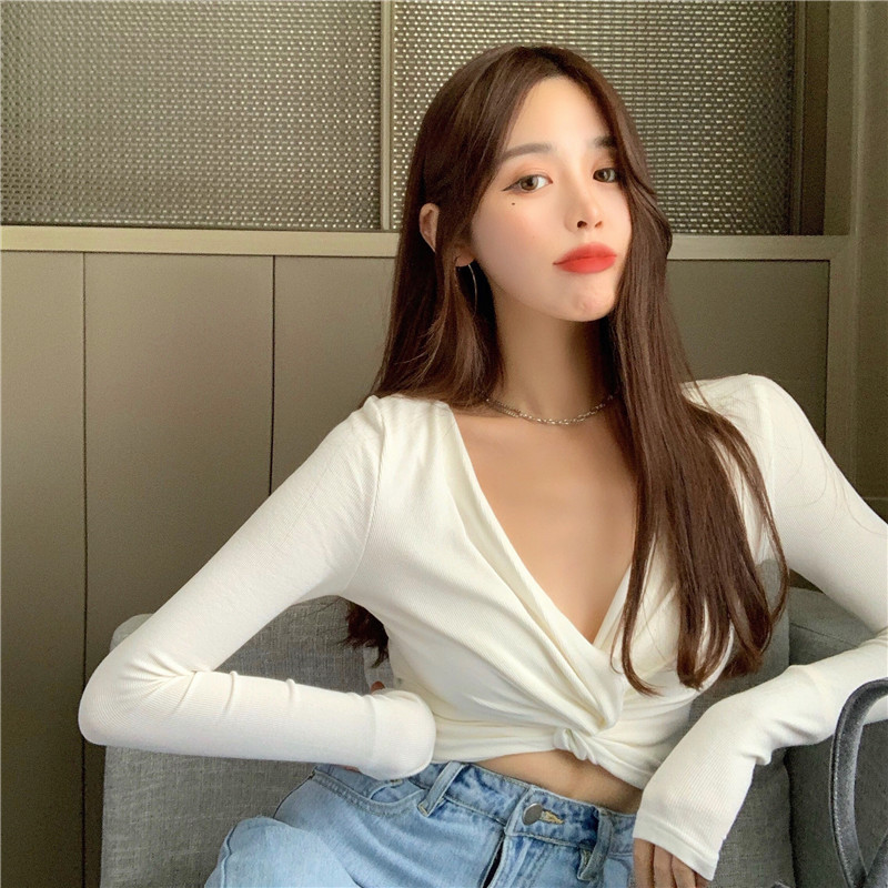V-neck long-sleeved twisted slim sexy crop top