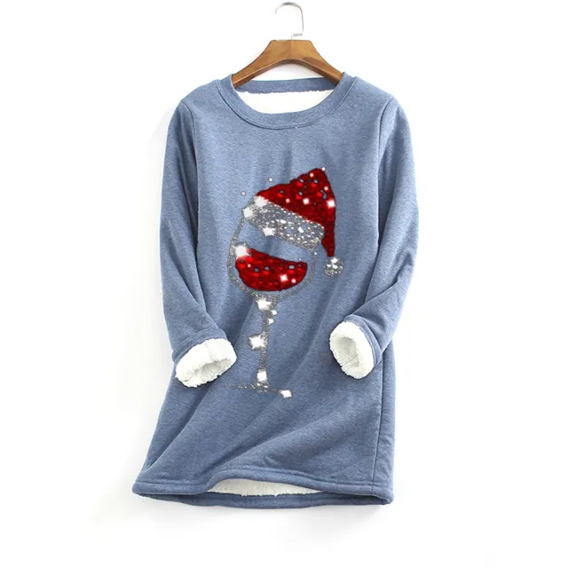 Christmas red wine glass print plus velvet bottoming shirt Blue - Shop at LoveMi