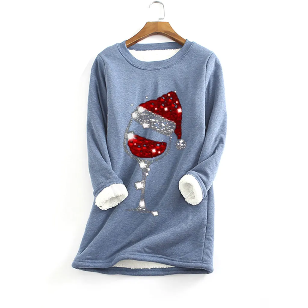 Christmas red wine glass print plus velvet bottoming shirt - Blue