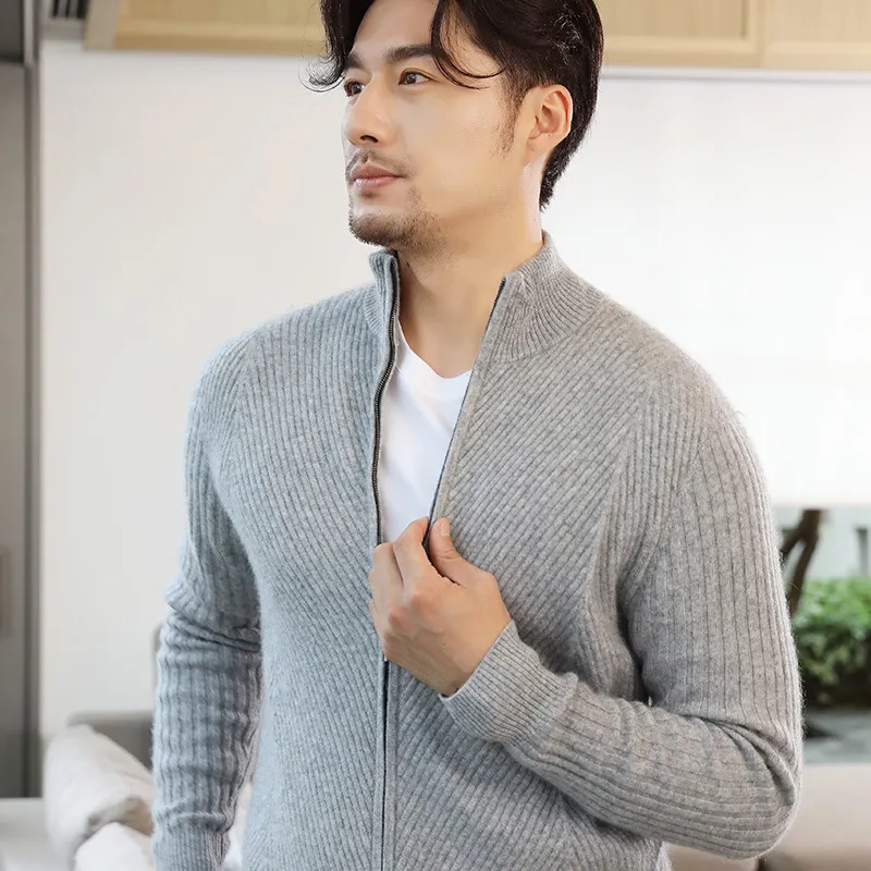 Men's half high neck wool zipper cardigan