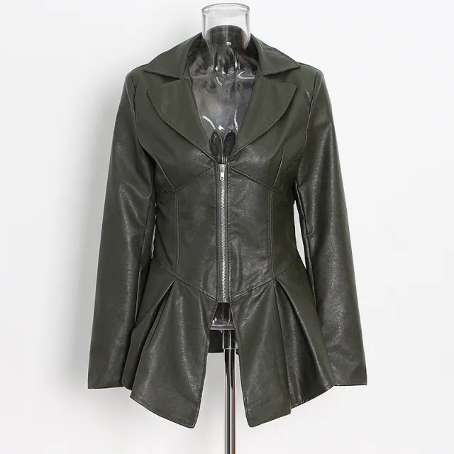 Suit Collar Hem Ruffled Slim Fit Motorcycle PU Leather Jacket Army Green - Shop at LoveMi