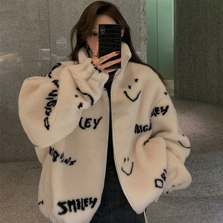 Plush Thick Letters Loose Fashion Korean Style Plush Jacket