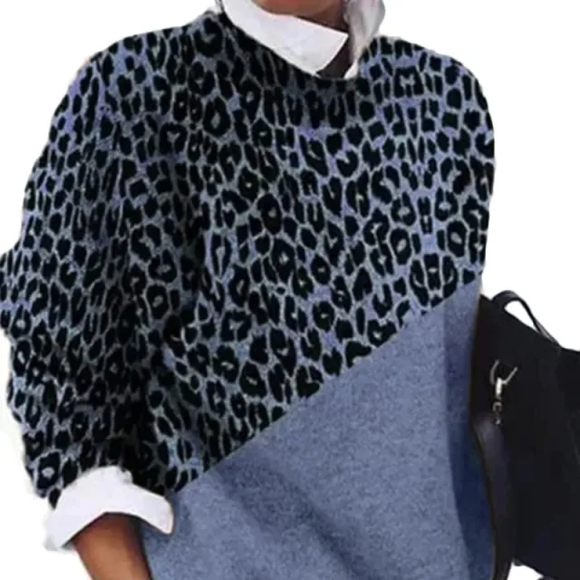 Round neck leopard print color block sweater Blue - Shop at LoveMi