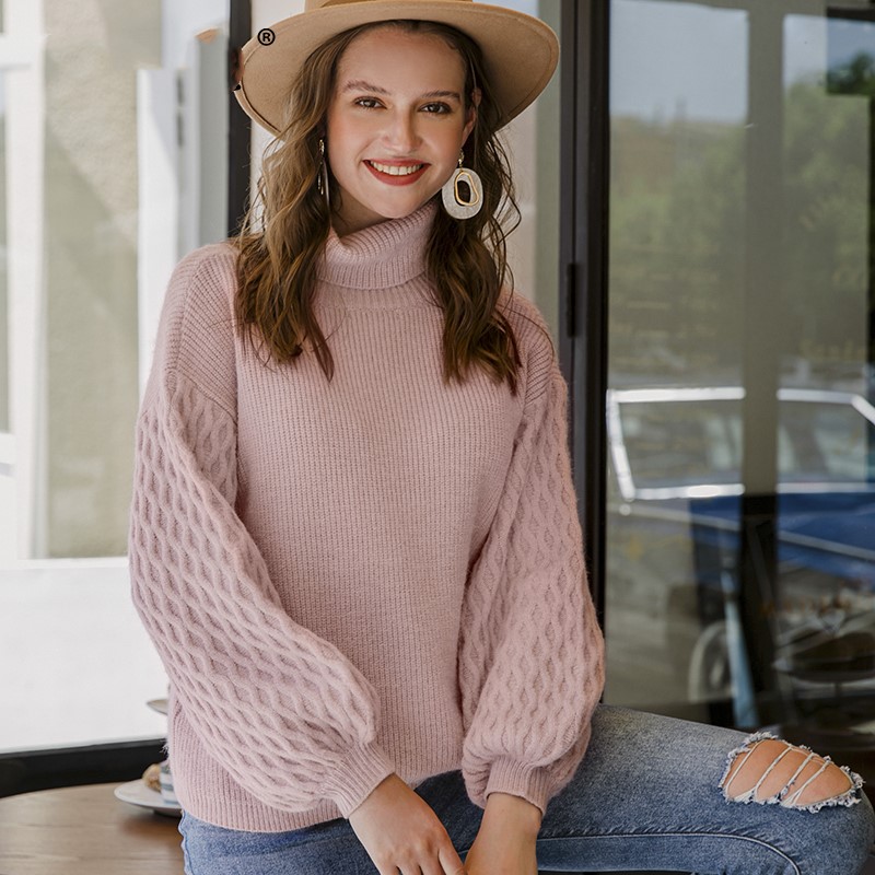 Sweet solid color turtleneck lantern sleeve sweater