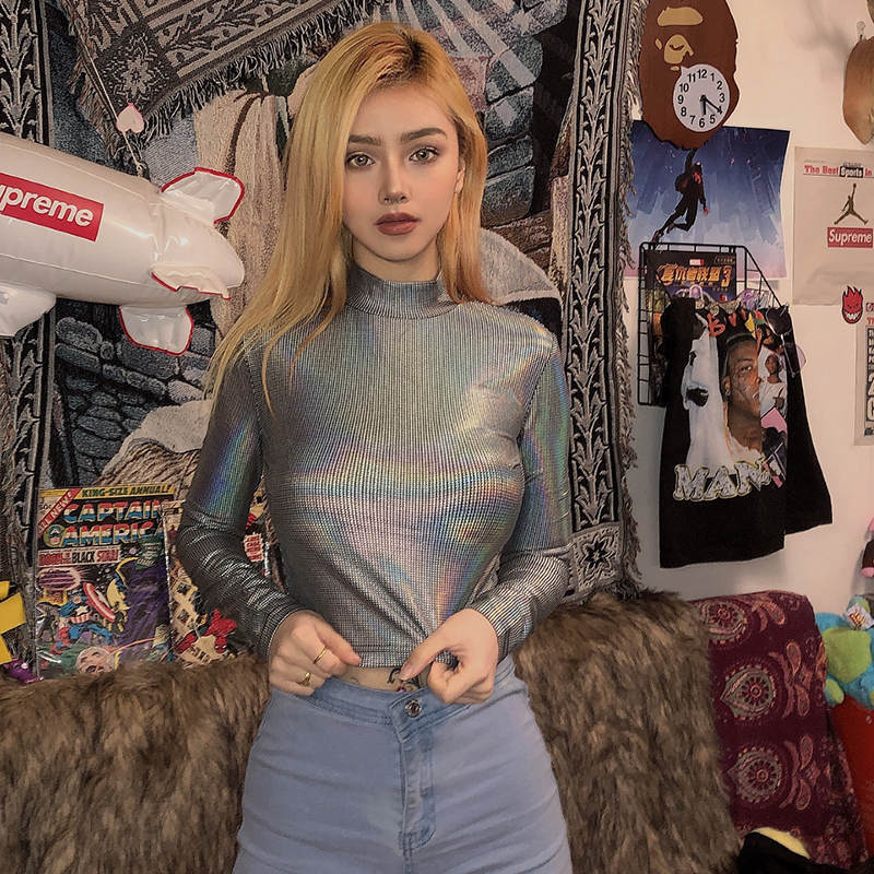 KLIOU Semi-High Collar Bright Silk Bottom Shirt