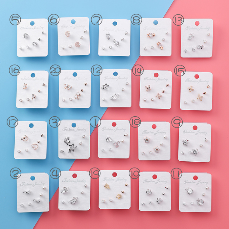 Japan and South Korea mini series set bow earrings 6 sets of stars flowers shine zircon earrings small ear bone nails
