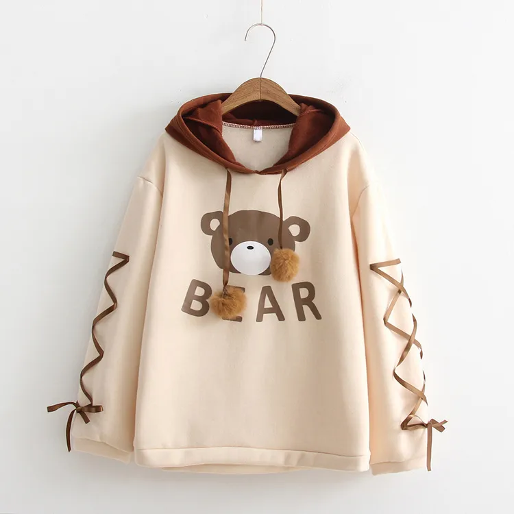 Cute bear long sleeve hooded sweater - Khaki