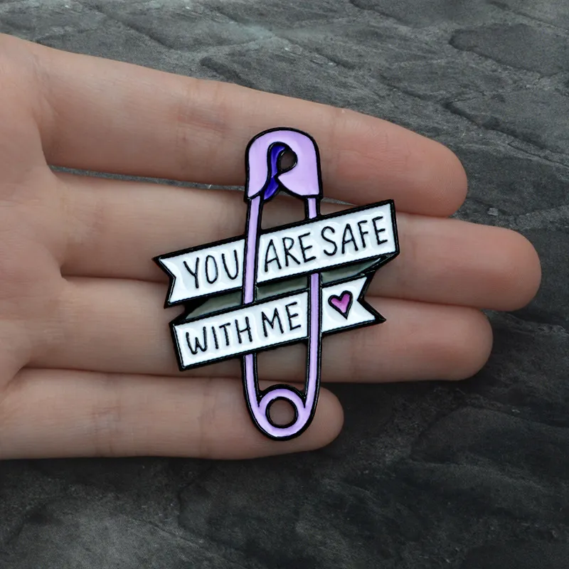 Purple Safety Pin Brooch Heart Enamel Brooch Badge - Purple