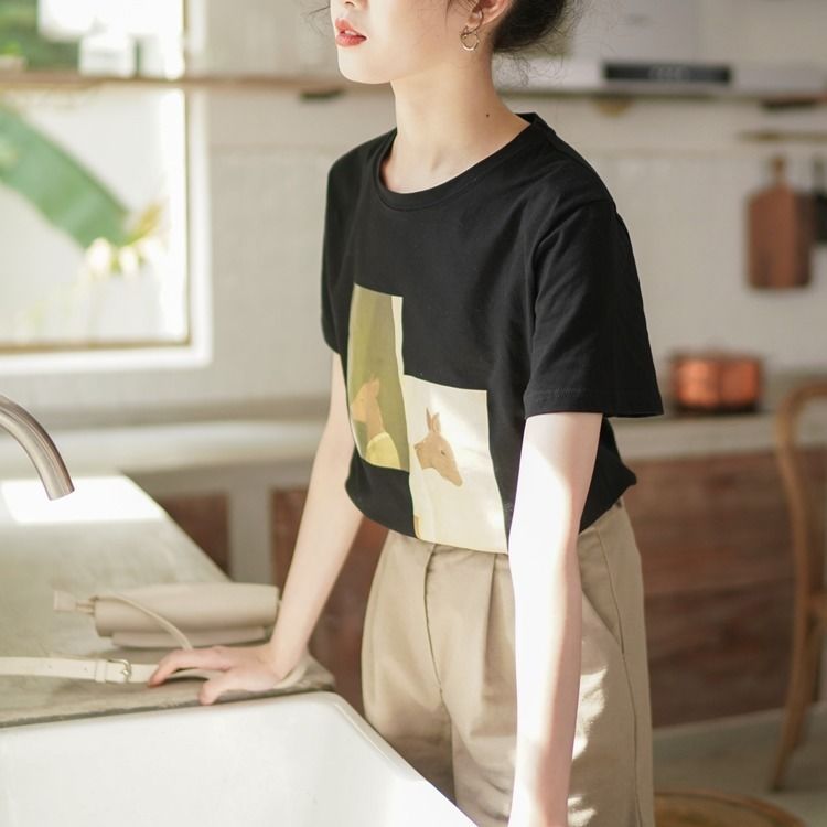 Loose Short Sleeve Round Neck Top Cotton T-shirt