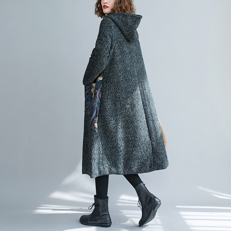 Thickened Hooded Printed Patchwork Woolen Overcoat