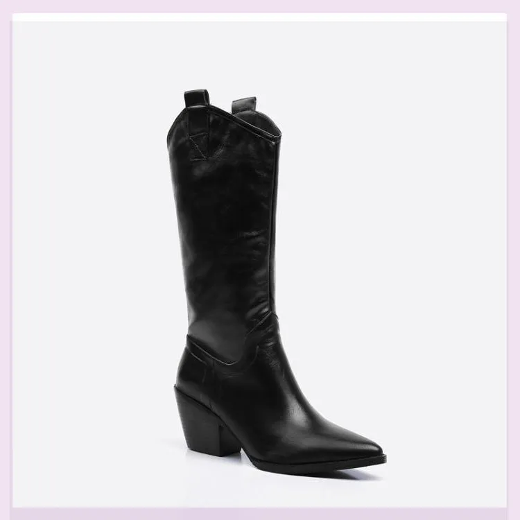 Pointed toe thick heel high boots - Black