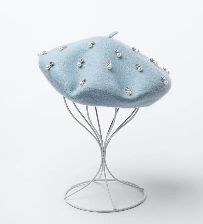 Rhinestone wool beret - Blue