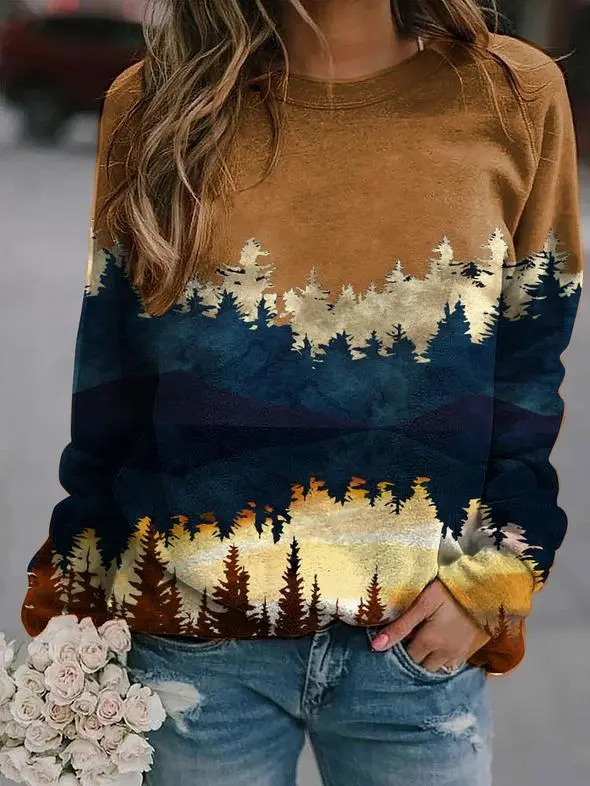 Landscape print long sleeved sweater Yellow - Shop at LoveMi