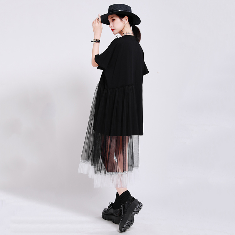 Angel wings mid-length loose stitching mesh dress