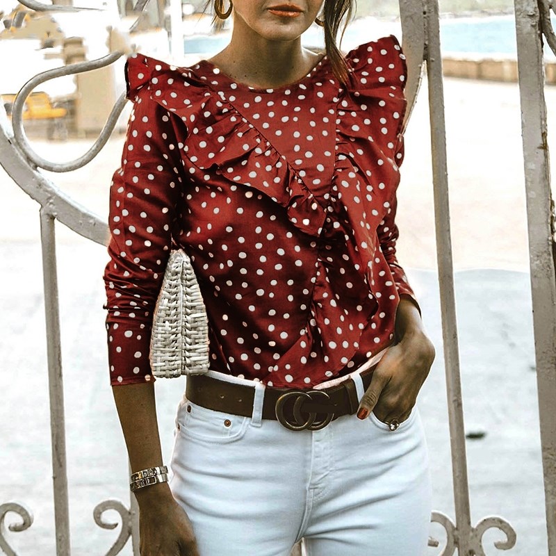 Backless ruffled polka dot long-sleeved top