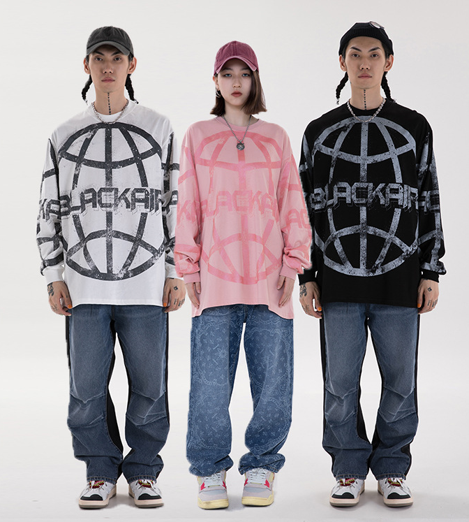 Distressed Print Planet Sweater Alphabet Hip-hop Crew Neck