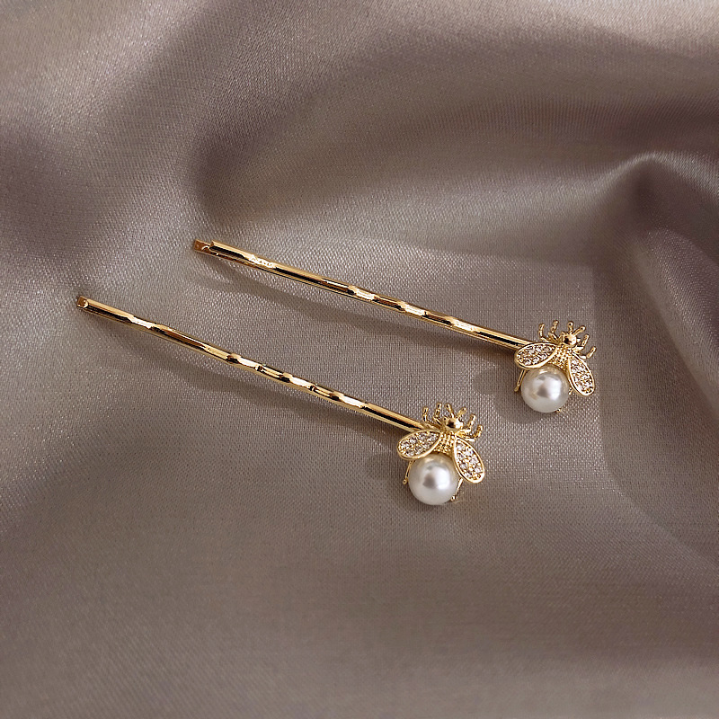 Two Small Bee Pearl Hairpins Micro-inlaid Word Clip