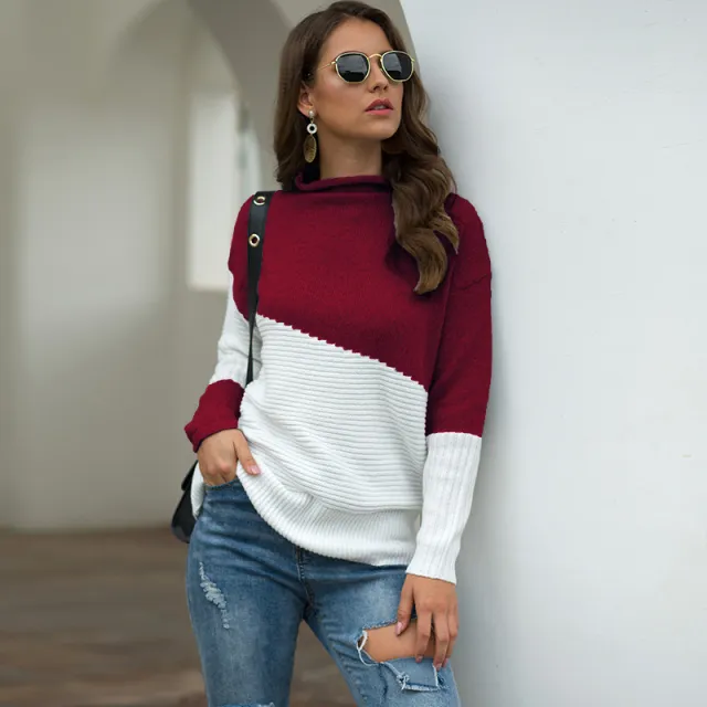 Irregular sleeves curled half high collar contrast color pullover sweater Wine - Shop at LoveMi