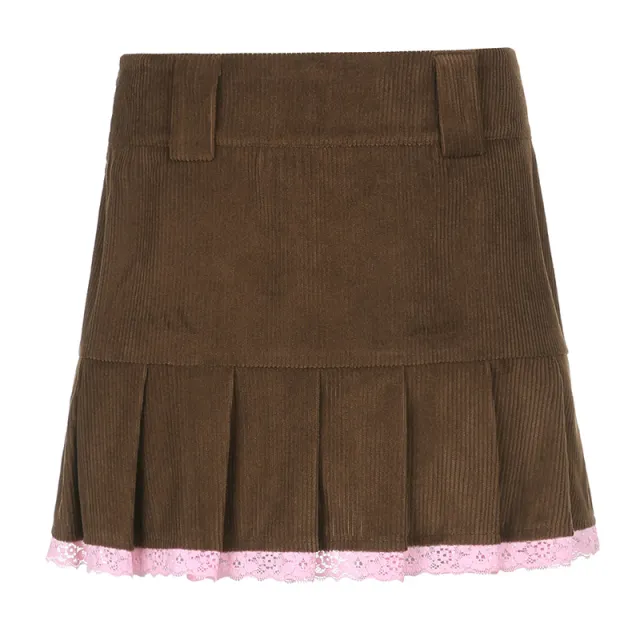 Corduroy Lace Stitching High Waist Pleated Skirt Brown - Shop at LoveMi