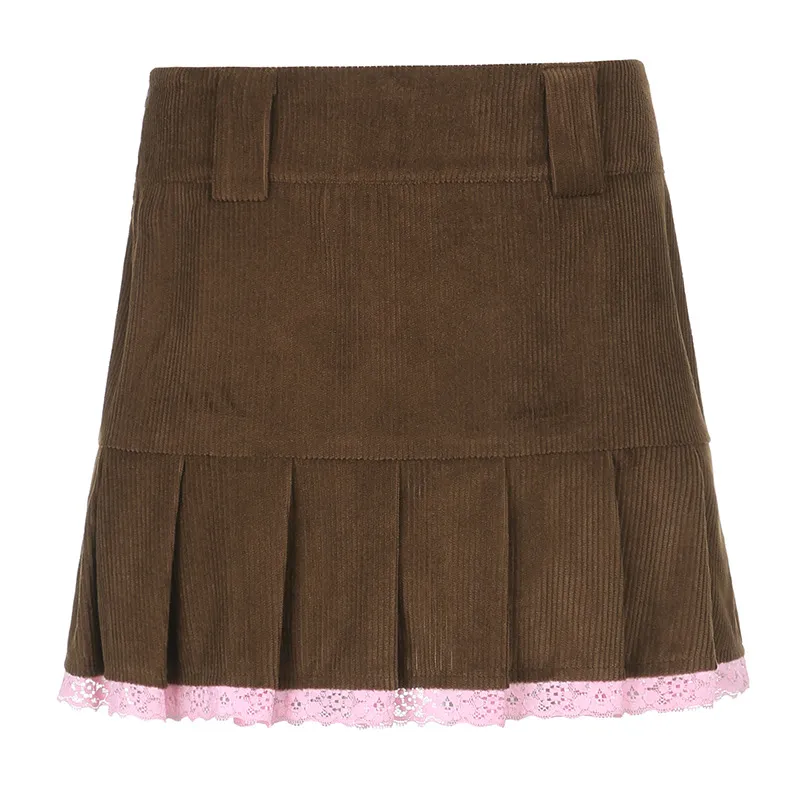 Corduroy Lace Stitching High Waist Pleated Skirt - Brown