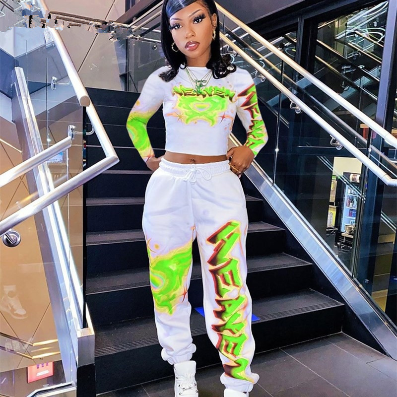 Two-piece printed loose long-sleeved trousers