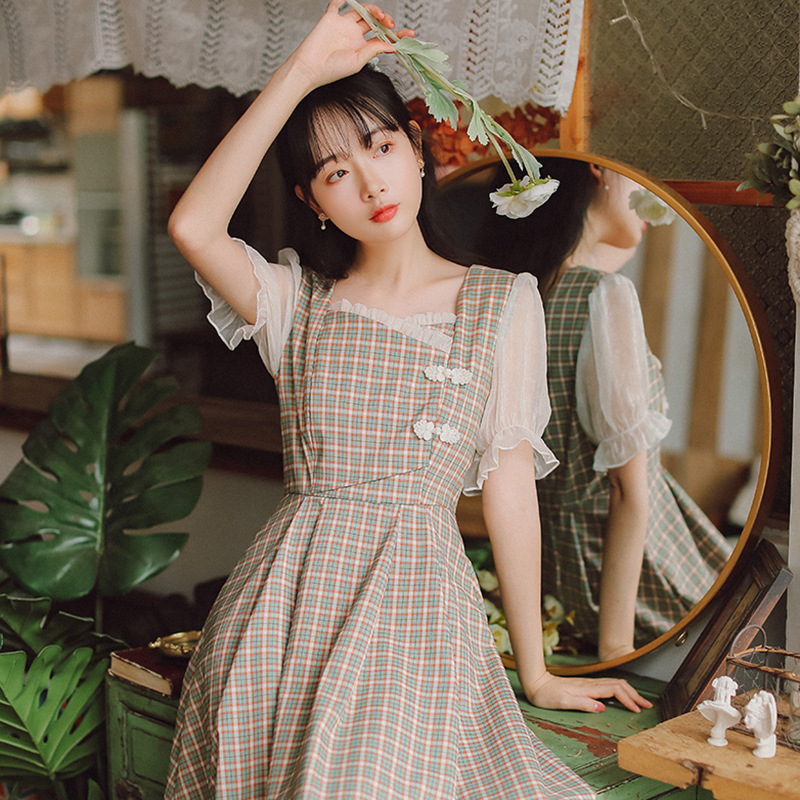 Retro long sleeve stitching plaid dress