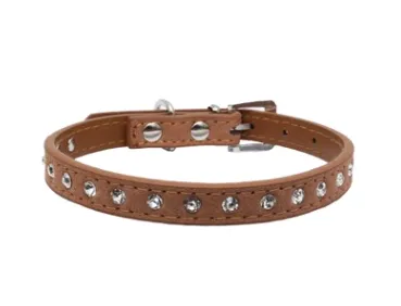 Diamond-studded pet collar shiny row of diamond rhinestone dog ring microfiber soft and comfortable collar dog supplies - Light Brown