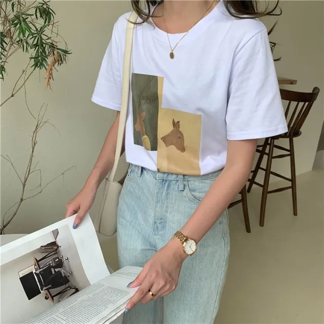 Loose Short Sleeve Round Neck Top Cotton T shirt White - Shop at LoveMi