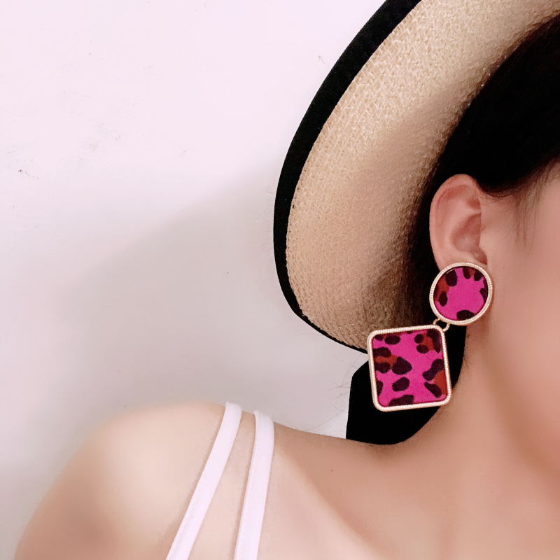Geometric square stitching leopard print earrings