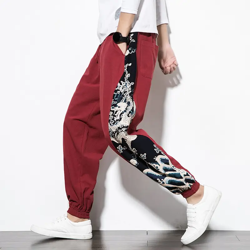 Chinese style dragon stitching cotton and linen pants