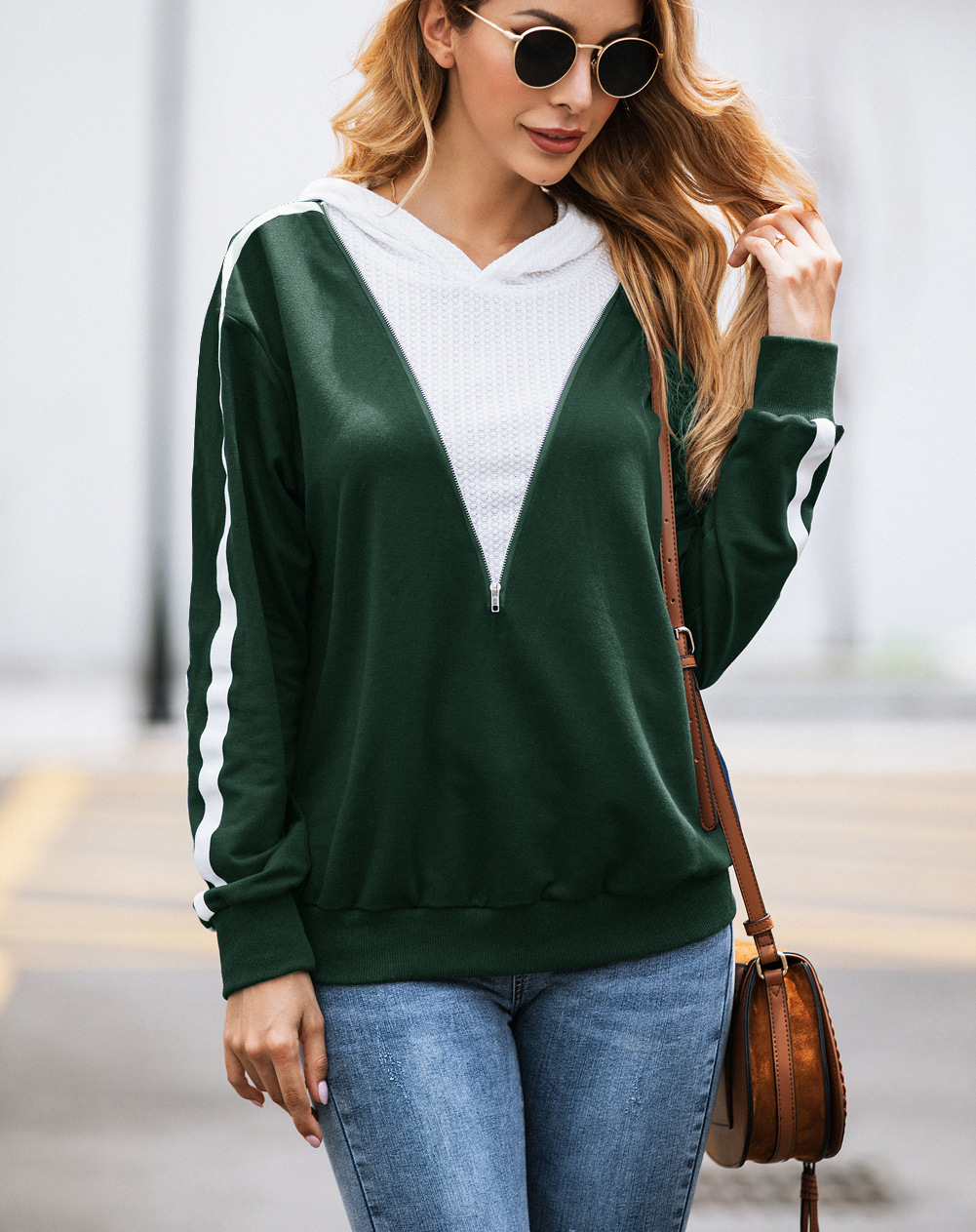 Winter Fashion Striped Hooded Zipper Blouse