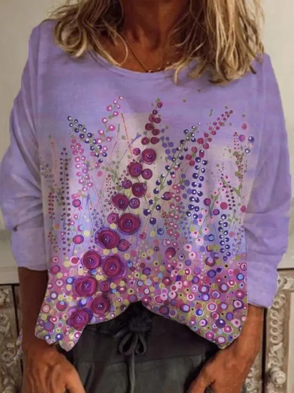 Autumn and winter new printed lavender long sleeved T shirt Purple - Shop at LoveMi