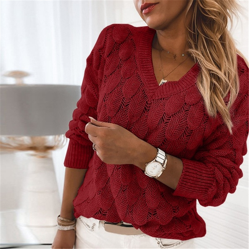 Ins Feather Hollow Knit Sweater Fashion V-neck Long-sleeved Top Women's Solid Color Clothing