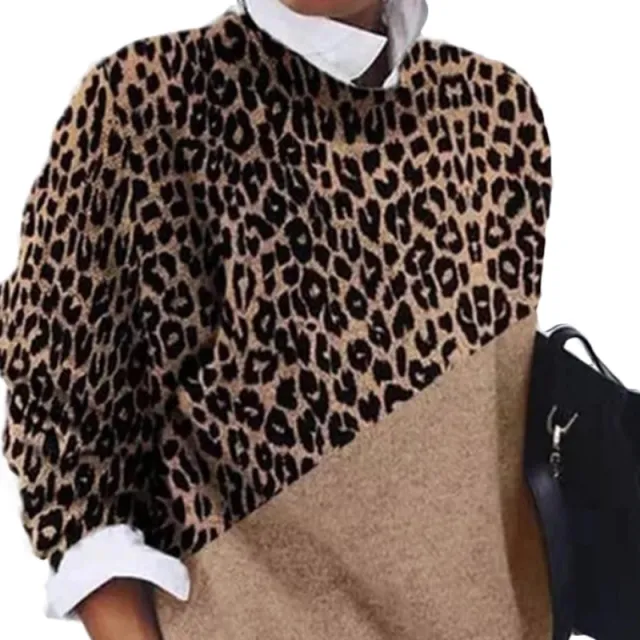 Round neck leopard print color block sweater Khaki - Shop at LoveMi