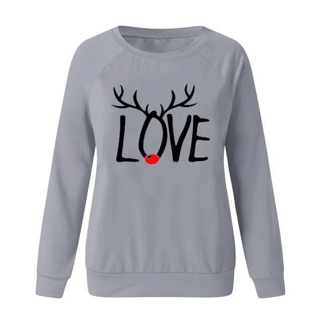 Christmas Pattern Printed Long sleeved Round Neck Sweater Women Grey - Shop at LoveMi
