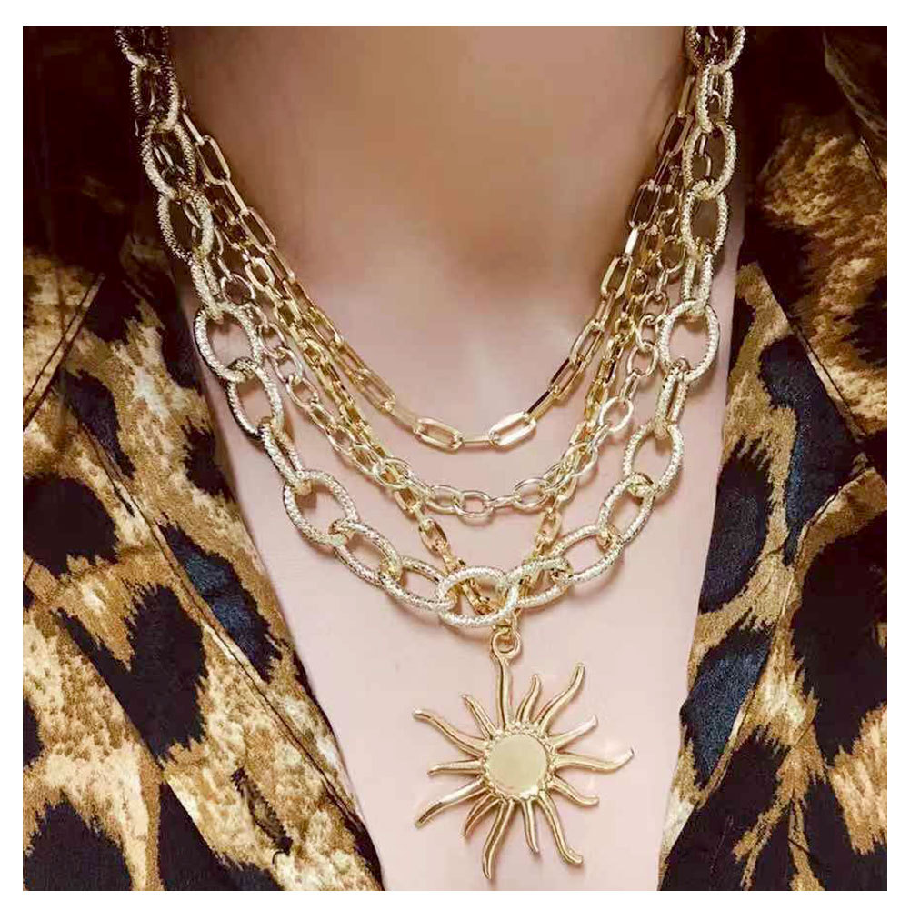 Sun Pendant Thick Chain Multilayer Necklace