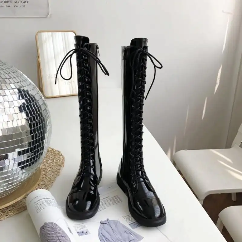 Lace-up high boots Lace-up leather knight boots